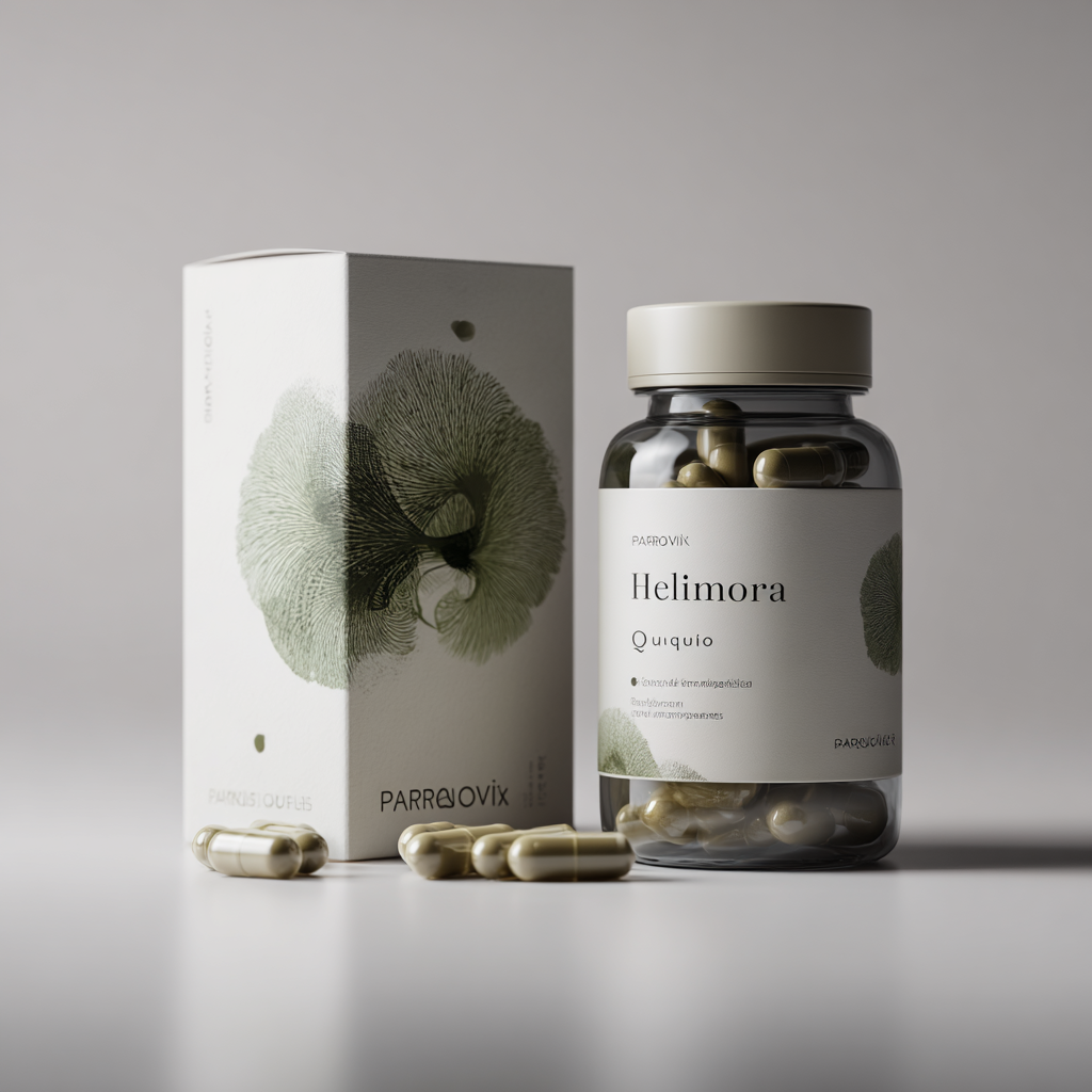 Professzionális termékfotó a HelmiQuora kapszula dobogjáról, elegáns modern stúdió környezetben. A doboz zöld és fehér színekben készült, natural health design elemekkel. Mellette láthatók természetes összetevők: fekete diók, ürmös levelek, szegfűszeg, mind esztétikus elrendezésben természetes fény alatt.